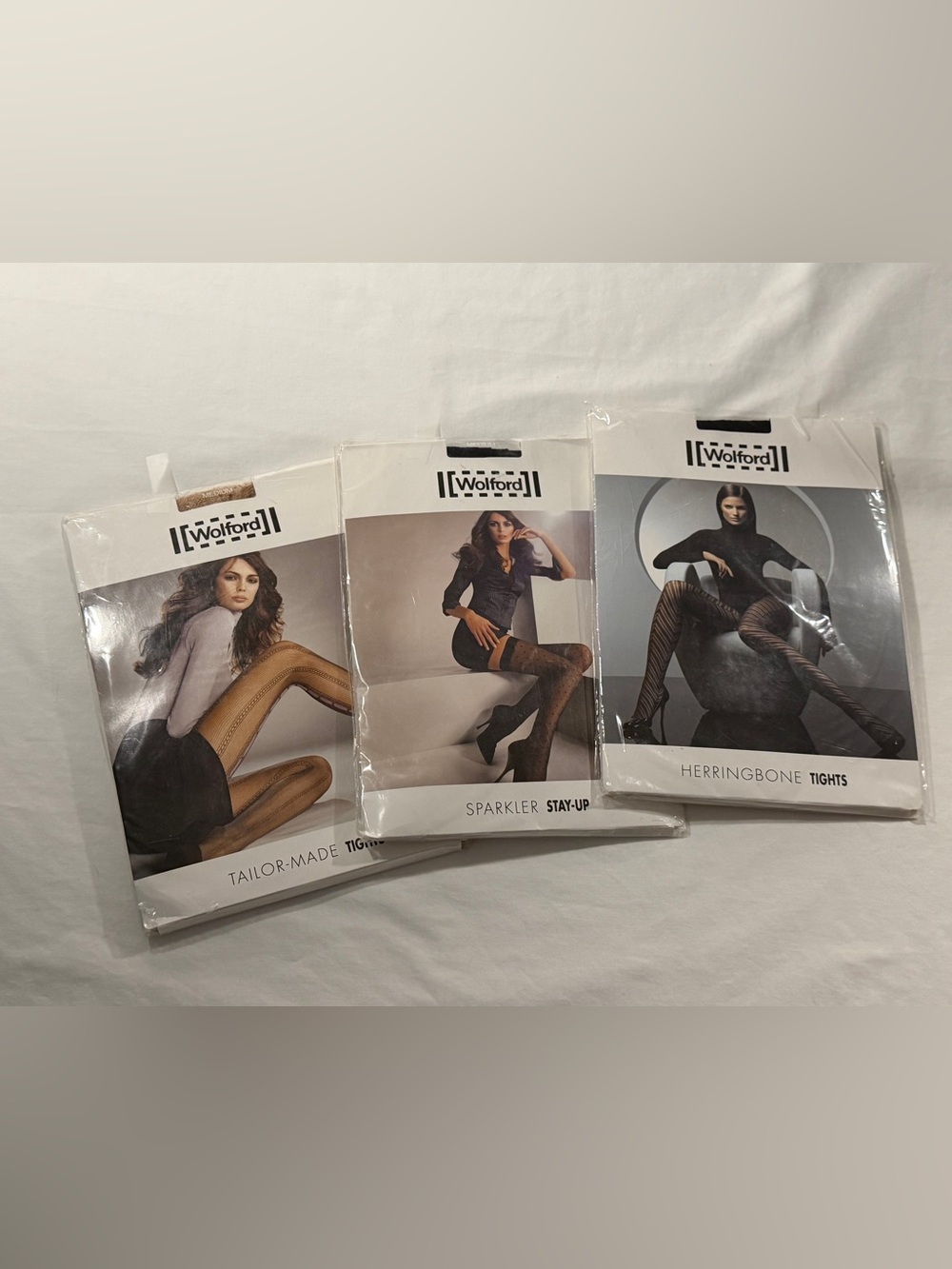 Wolford Made in Austria Woman's S, M Patterned Sheer Tights Black, Tan, Blue